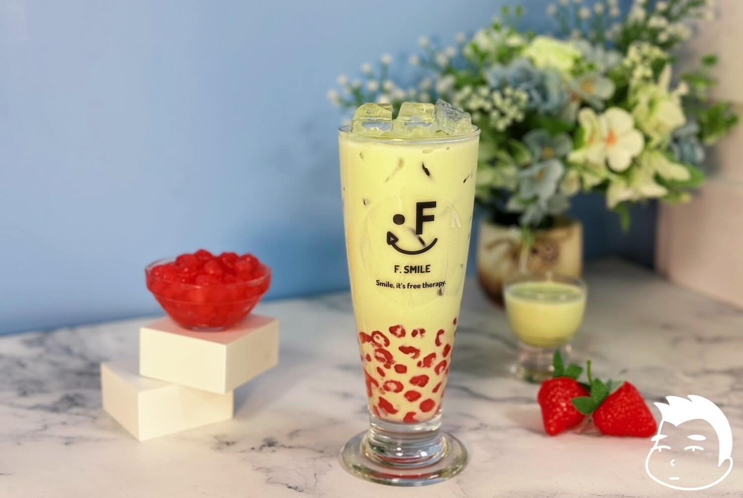 Berry Forest bubble tea with matcha and strawberry tapioca pearls